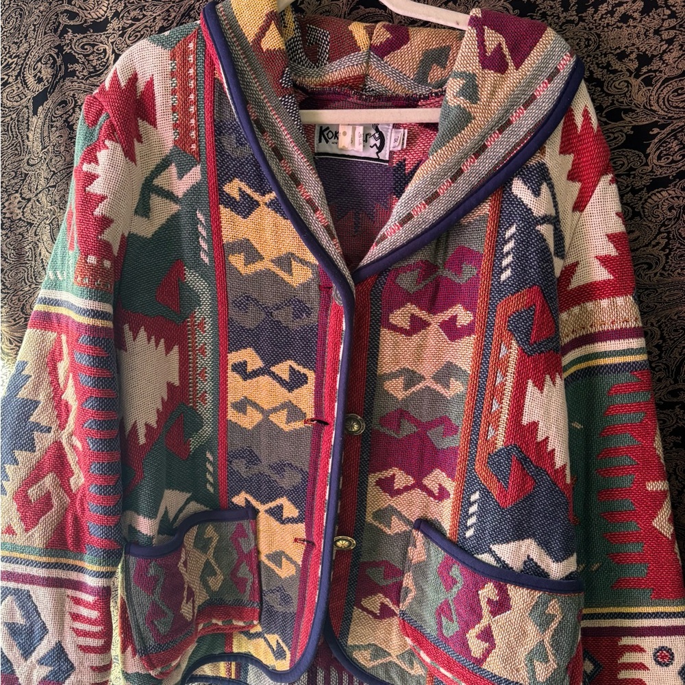 Kokopelli Multicolor Southwestern Hooded Knit Jacket — Red, Green, Navy, Gold